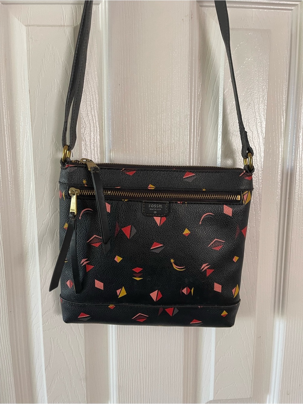 Fossil Black Crossbody with Red and Yellow Geometric Print